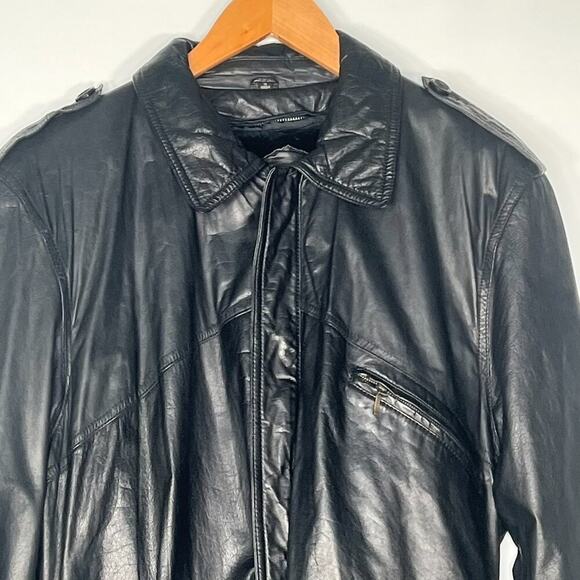 Vintage 90s Saxony Black Leather Oversized Belted Mid Trench Coat Jacket Women - Picture 2 of 16